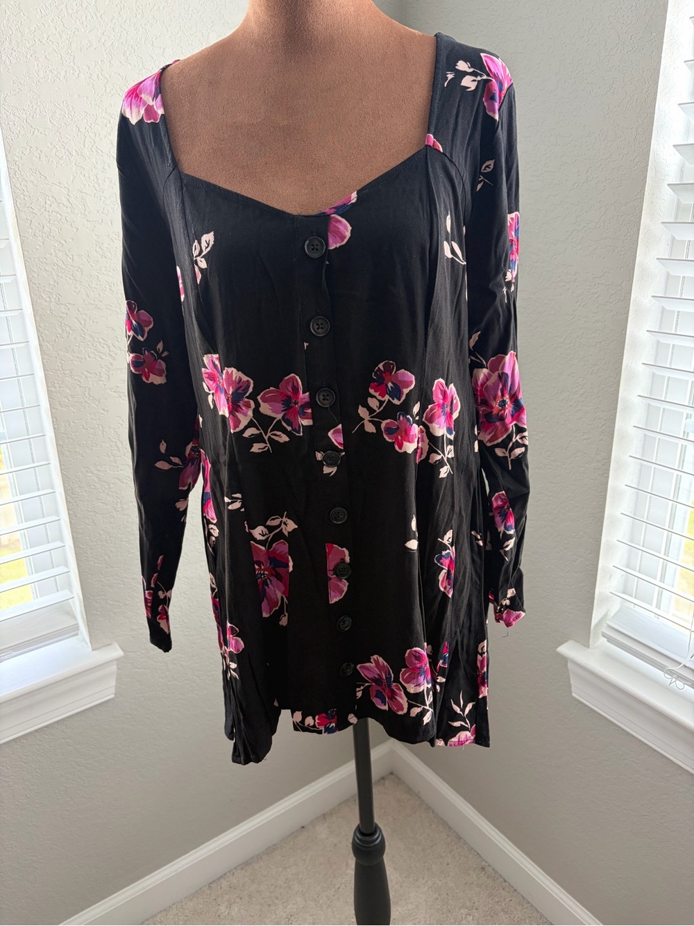 Torrid Black Top with Pink & Purple Floral Accents